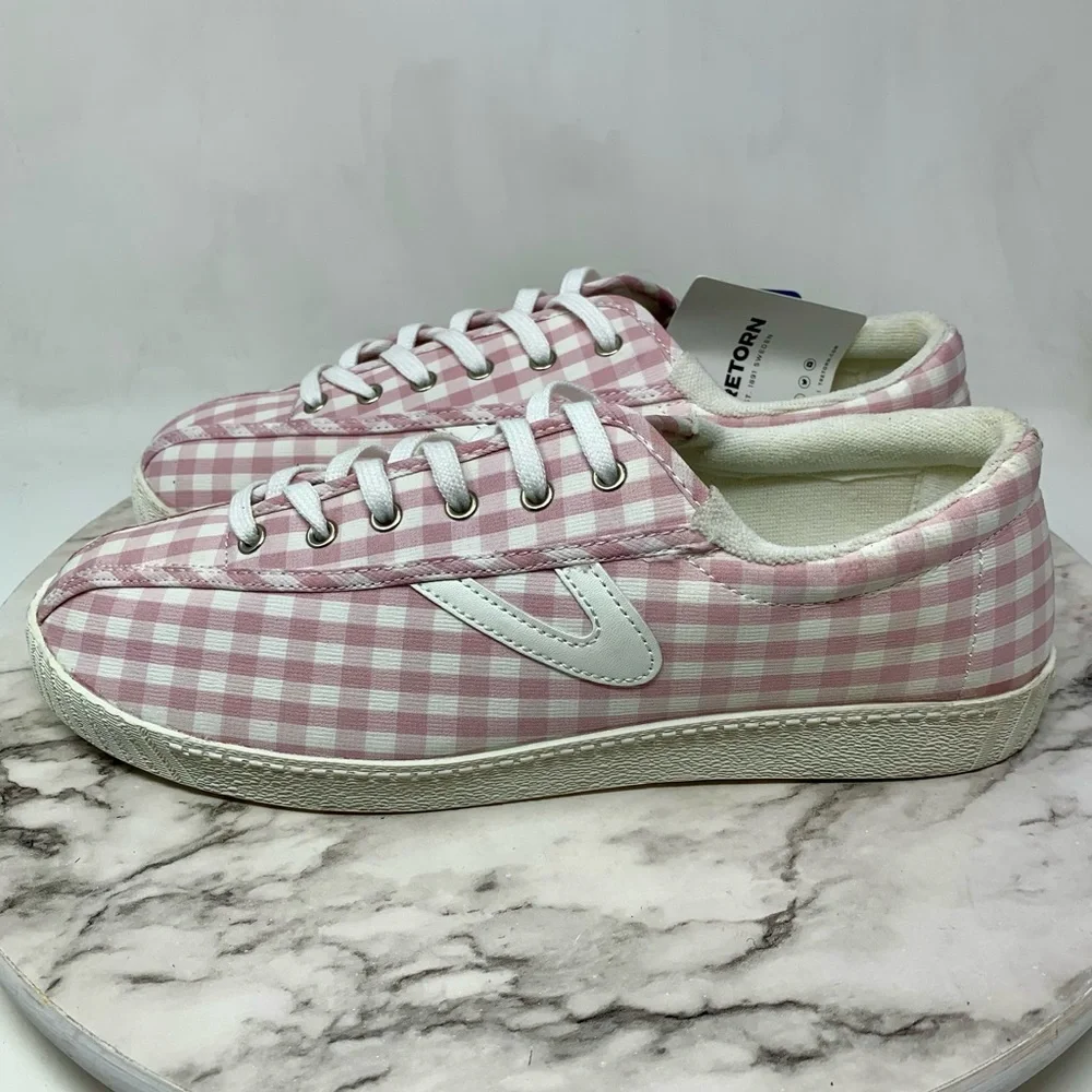 Tretorn Nylite Plus Lace Up Pink Gingham Sneakers 11 Retro Classic Preppy Casual - Picture 3 of 15